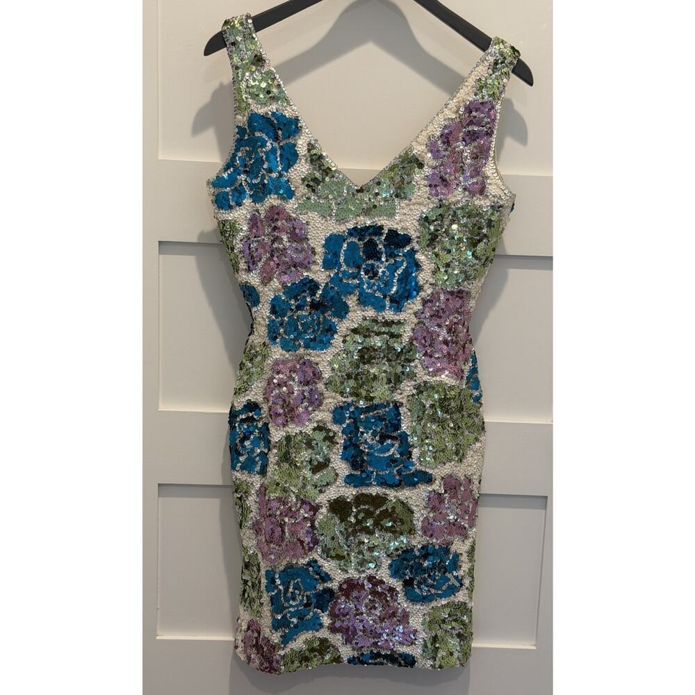 Vintage Gene Shelly's Boutique Internationale Womens Sequin Dress 8 Floral Mini